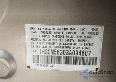 2003 Honda Accord 2.4 Lx from USA, damaged, VIN 1HGCM56303A094607